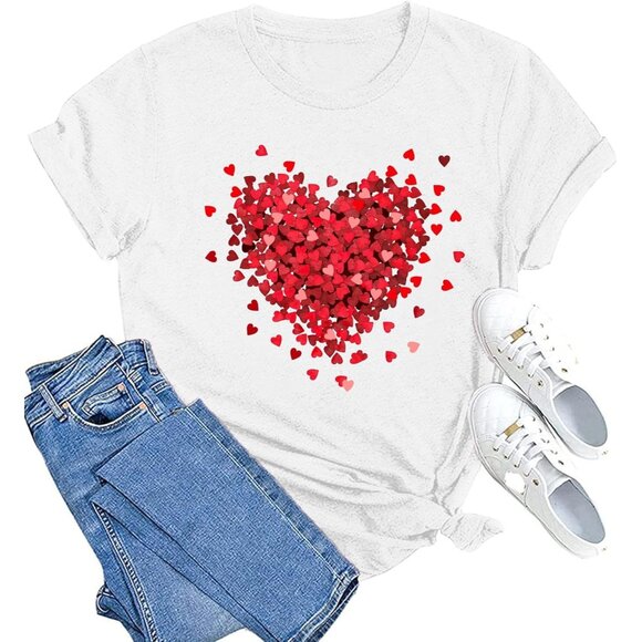 Meesheep Women White Cute Love Hearts Pull On T shirts Valentines Day Gifts Tops - Picture 1 of 6